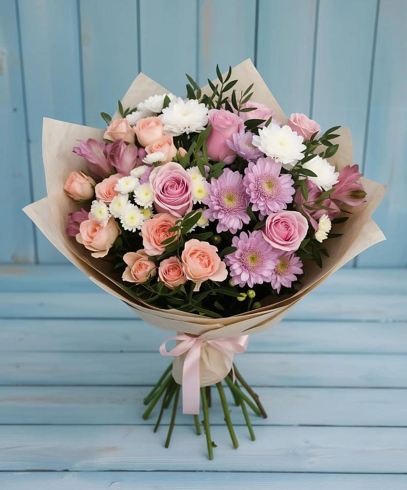 Букет цветов из: Хризантемы, Розы и Альстромерии в Сельцо Ленинградская область
