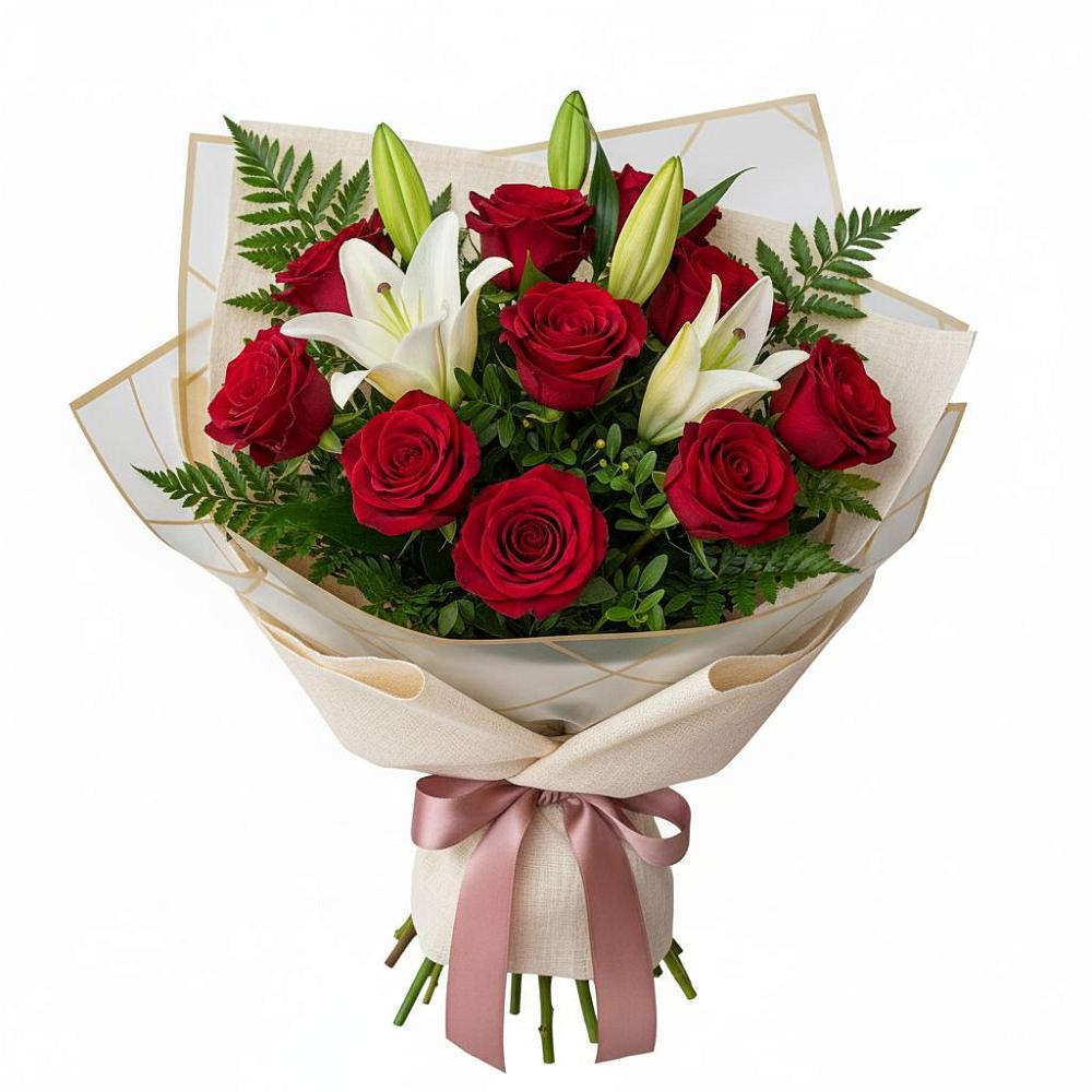 Букет цветов из: Лилии и Розы в Сельцо Ленинградская область