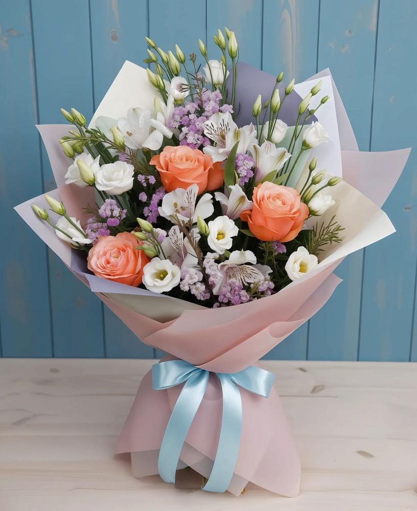 Букет цветов из: Лизиантусы, Розы, Альстромерии и Гипсофила в Сельцо Ленинградская область