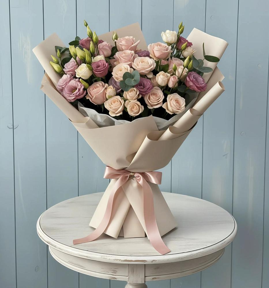 Букет цветов из: Розы и Лизиантусы в Сельцо Ленинградская область