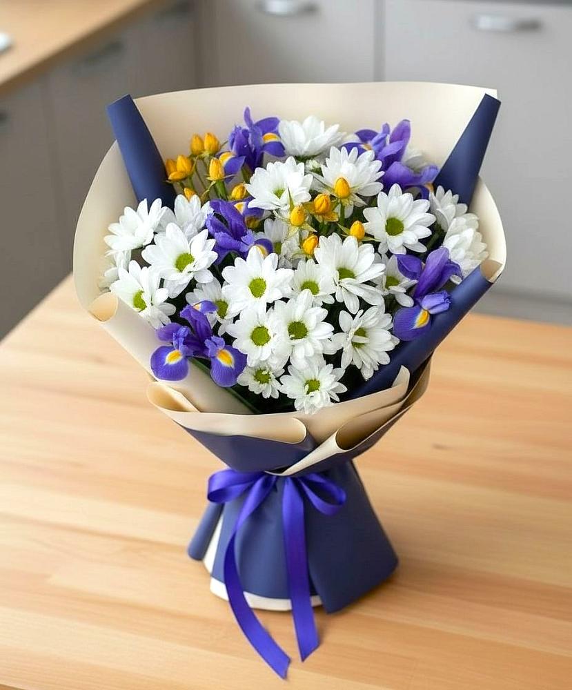 Букет цветов из: Розы, Ирисы и Хризантемы в Сельцо Ленинградская область