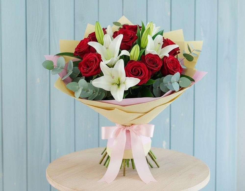 Букет цветов из: Лилии и Розы в Сельцо Ленинградская область