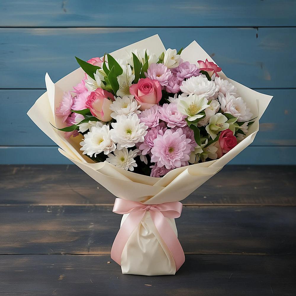 Букет цветов из: Хризантемы, Альстромерии и Розы в Сельцо Ленинградская область